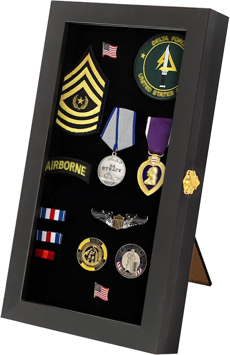 VERANI 8.5 x15 Pin Display Case with Real Glass Door Frame Bracket for Military Medals, Beach Tags, Jewelry Pins, Pin Gift, Insignia Ribbons, Pin Enthusiast Collectibles, Black - Image 1